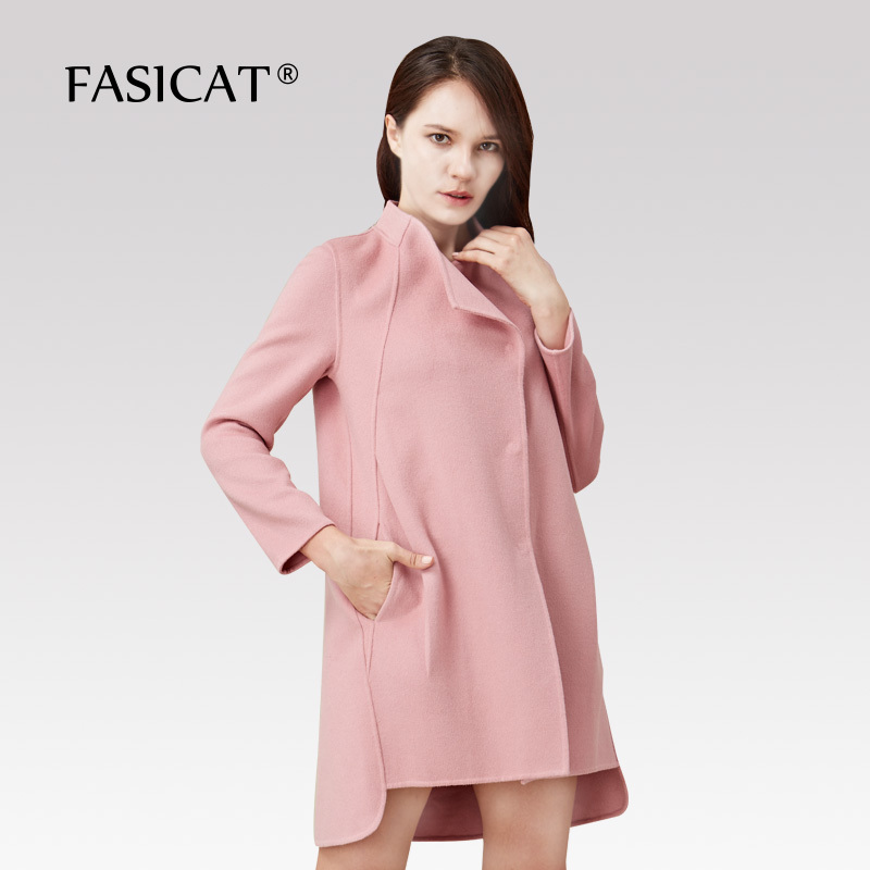 Fasicat Fashion Winter Women Cashmere Coats Wide Waist Stand Collar Covered Button With Packets Outwear Pink 190016