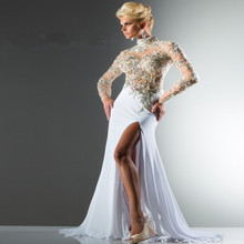 Long Mermaid Crystal Prom Dresses 2016 Special Occasion High Neck Long Sleeve Womens Pageant Backless Chiffon