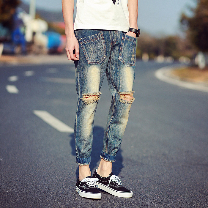 New Mens Vintage Jeans Joggers Harem Elastic Cuffed Drawstring Ripped ...