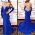 Royal blue plus size Long sleeves 2016 prom dresses beading evening wear backless dresses floor length