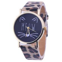 Newly Design Cute Meow Cat Face Watch Leopard PU Leather Quartz Wrist Watches 160303