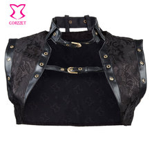 Black Brocade Leather Collar Steampunk Women Corset Jacket Sexy Gothic Clothing Burlesque Costumes Accessories Sleeveless Jacket