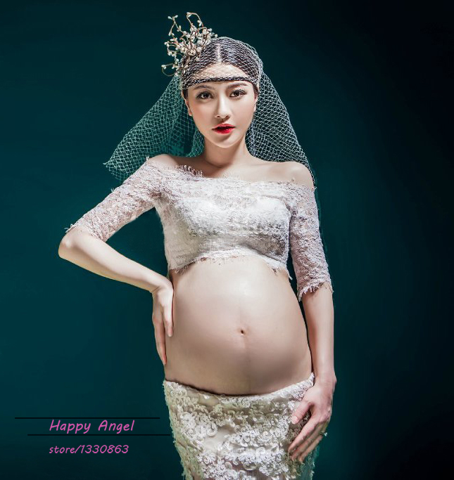 Maternity Women Photography Props White Gauze Lace Noble Elegant Trailing Dress Pregnancy Fancy Photo Shoot Romantic Princess