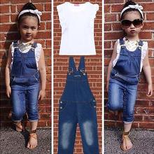 New New Baby Girls Clothing Set White Top T-Shirt Denim Jeans Bib 2Pcs/Suit Wholesale Hot Sale