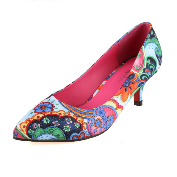 Fashion Women Multi Coloured Floral Print Pumps 2016 new arrival spring autumn red bottoms pointed feminine