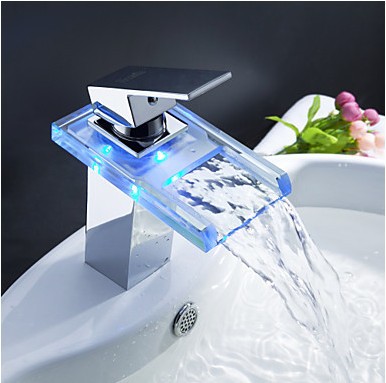 Chromed polished Battery RGB LED light Bathroom basin sink mixer tap glass waterfall Faucet