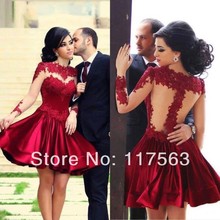 2014 New Arrival Sexy Red A Line Applique With Sheer Long Sleeves Short Mini Cocktail Dress Women Dress Free Shipping JW089