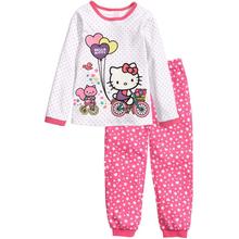 2015 New Promotion Child Nightwear Pajama Set Cotton Long Girl Heart Cartoon Cat Casual Pyjama Clothes Set Kid Sleep Home Wear