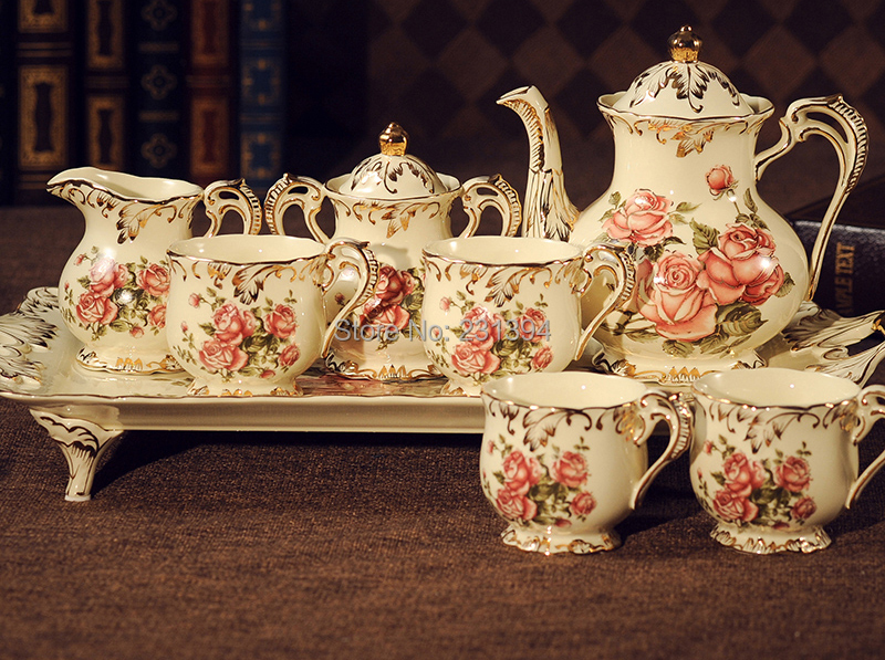 luxury European antique bone Coffee Tea 12 sets Beige Rose pattern Grilled gold Tray teapot milk