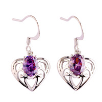 lingmei Wholesale Fsshion Heart Design Oval Cut Amethyst 925 Dangle Hook Silver Earrings Jewelry Women Wedding Party Free Ship