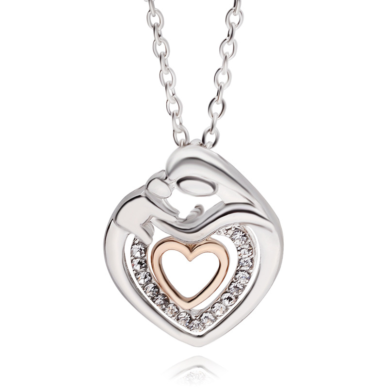  2016 Silver Plated Hollow Heart Necklaces & Pendants For Women Mother and Baby Crystal Chain Necklaces Jewelry Collier Femme