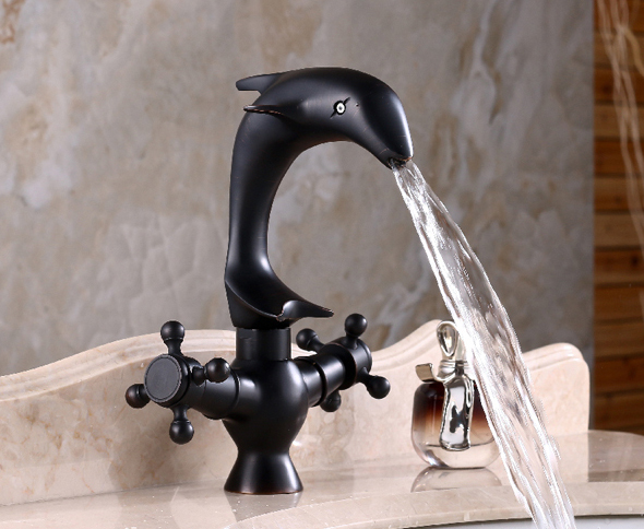 Oil Rubbed Bronze Dolphin Shape Bathroom Sink Faucet Double Knobs Basin Mixer Tap