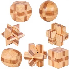 7 unids/lote respetuoso del medio ambiente 3D de bambú de madera juguetes IQ rompecabezas toy burr adultos rompecabezas educativos niños desbloqueo juegos