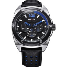 Weide WH3306 deportivos para hombres cuero auténtico impermeable correa de reloj de cuarzo – negro + plata + azul