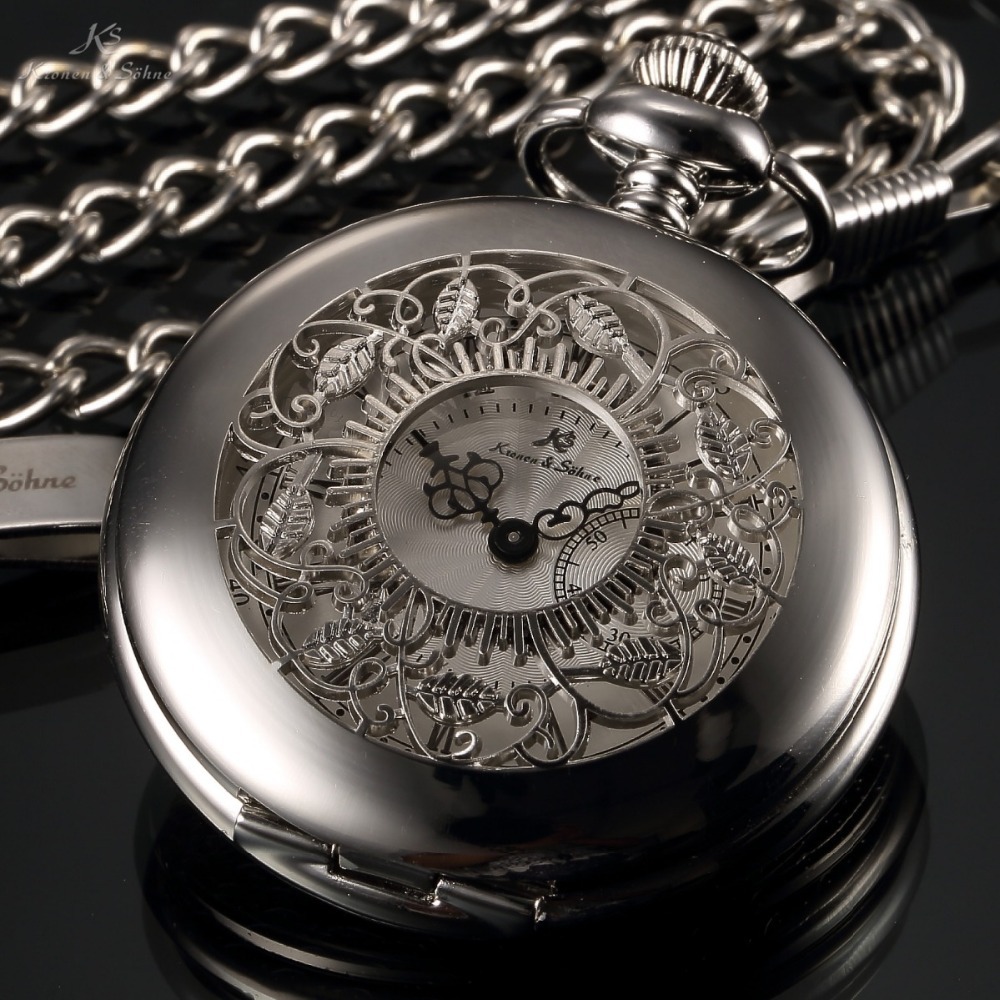 KS Retro Skeleton Silver Stainless Steel Case Steampunk Male Relogio Necklace Men Quartz Pocket Watch KSP051
