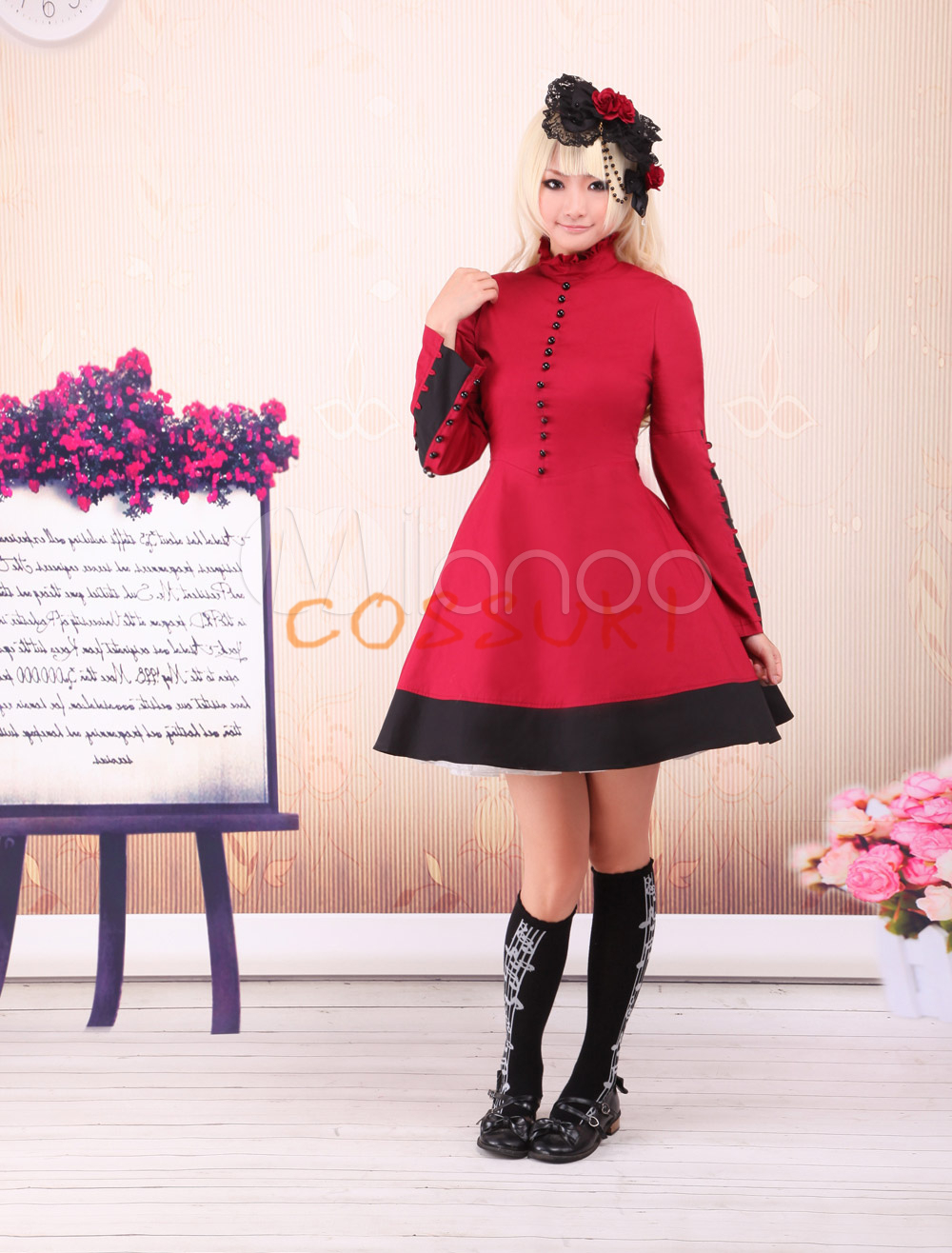 Free shipping! Newest! High - quality! Dark Red Cotton Stand Collar Bow Classic Lolita Dress