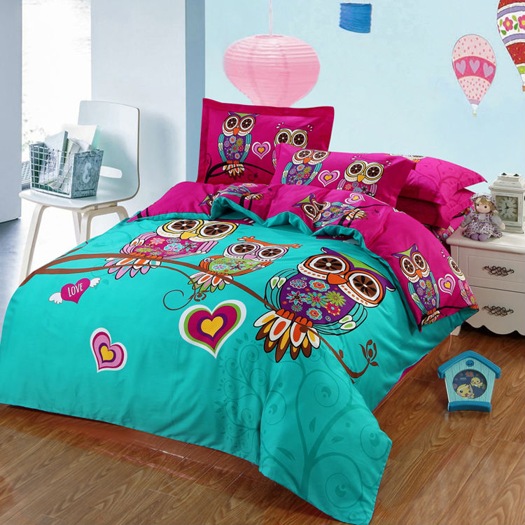 owl cotton bedding set queen size (1 comforter case+1 bedsheet+2 pillowcases) 4pc duvet cover sets,kids bedline/bedclothes