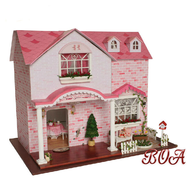 Diy Doll House 1:12 Miniature Model Building Kits 3D Handmade Wooden Dollhouse Toy Creative Birthday Gift-Pink Sweet Heart