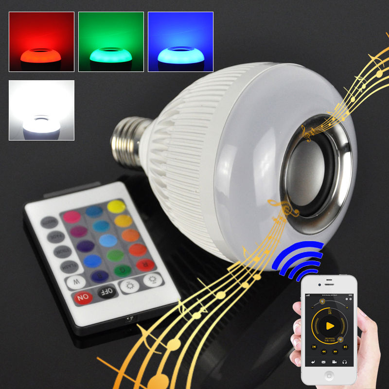 Smart RGBW Wireless Bluetooth Speaker Bulb Music Playing Dimmable 12W E27 LED Bulb Light Lamp with 24 Keys Remote Control