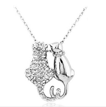 Free Shipping biggest discount price czech Rhinestones Crystal Couple Cats Pendant 18K GP Necklace Sweater chain