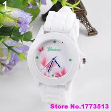 Newest Women s Geneva Flowers Printed White Silicone Band Analog Quartz Wrist WatchPopular Product 4KNY