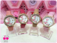 Fashion Hello Kitty Women Casual Watches New Style Rhinestone Watch for Girls Leather Strap Shock Woman