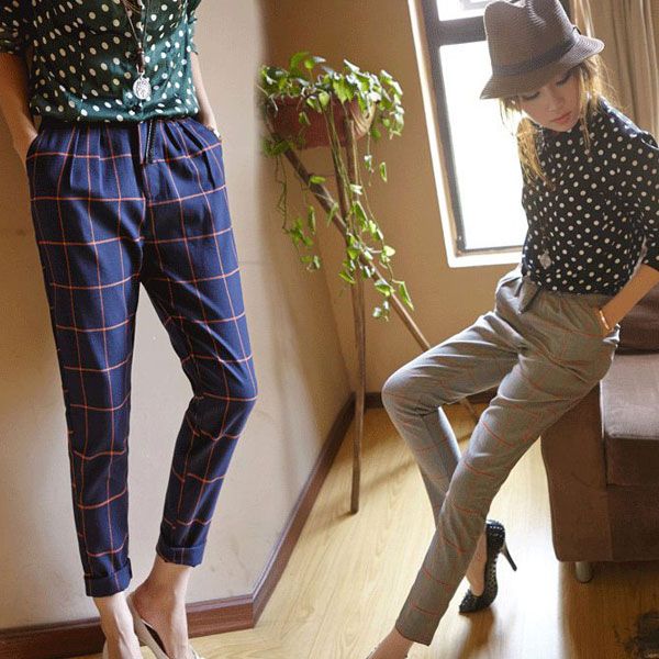 Spring Autumn Fashion Women Casual Check Harem Plaid Pants Loose Grid Long Trousers 2 Colors Gray/Blue S/M/L