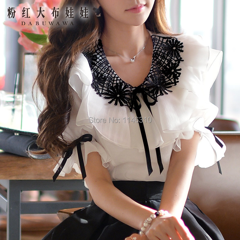 The pink doll shirt new spring and summer 2015 female frilled blouse shirt white shirt