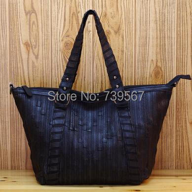 New leather cowhide fashion and personality stripe color matching woven shoulder bag aslant female bag