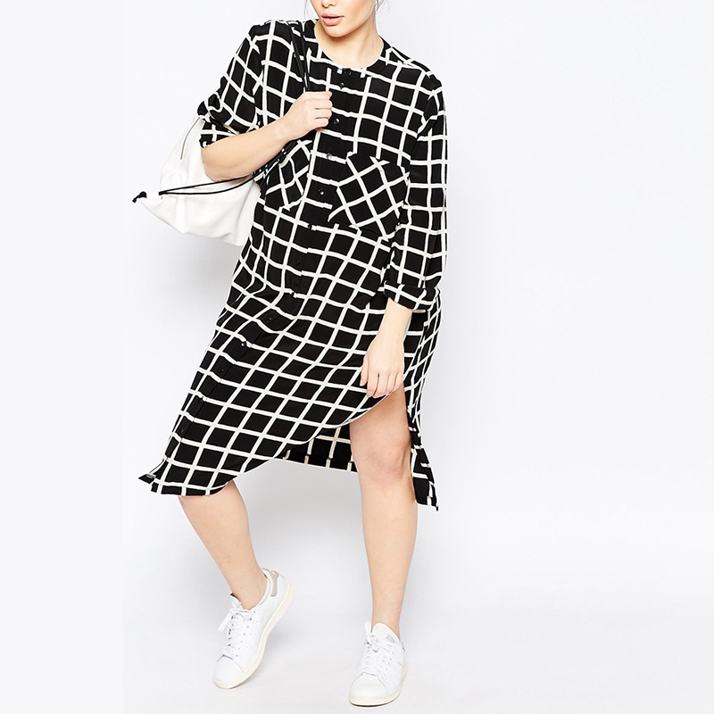 Women s fashion Three quarters plus size clothing fashion checkerboard palid vent loose slim one piece