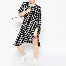 Women’s fashion Three quarters plus size clothing fashion checkerboard palid vent loose slim one-piece dress free shipping