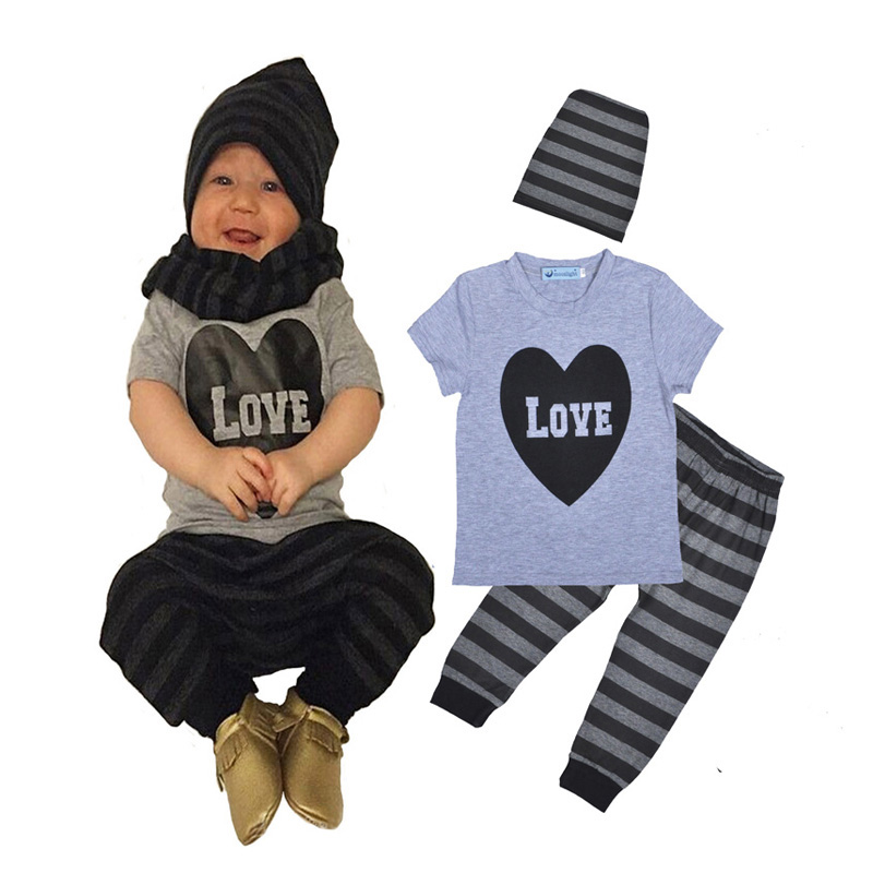 4pcs/lot baby boy clothes set Love Letter T-shirt Top+stripe pant+hat 3pcs/set summer boy clothing set Children clothing Set