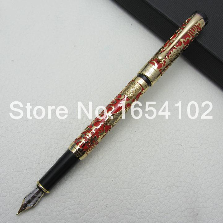 Jinhao Red and Embossed golden dragon High Quality Medium Nib Fountain Pen with gift box J1052