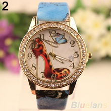 Women s Retro Rhinestone High Heeled Shoe Printed Faux Leather Wrist Watch 6L8D