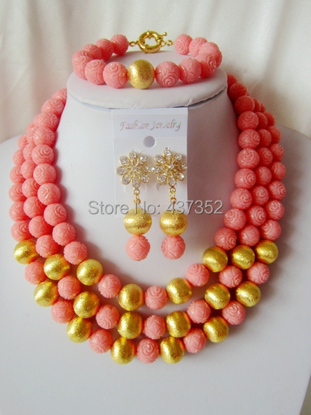 Handmade Nigerian African Wedding Beads Jewelry Set , Artificial Coral Beads Necklace Bracelet Earrings Set CWS-369