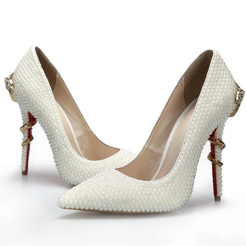 Pointed Toe Ivory Pearl Wedding Shoes Snake Metal Design