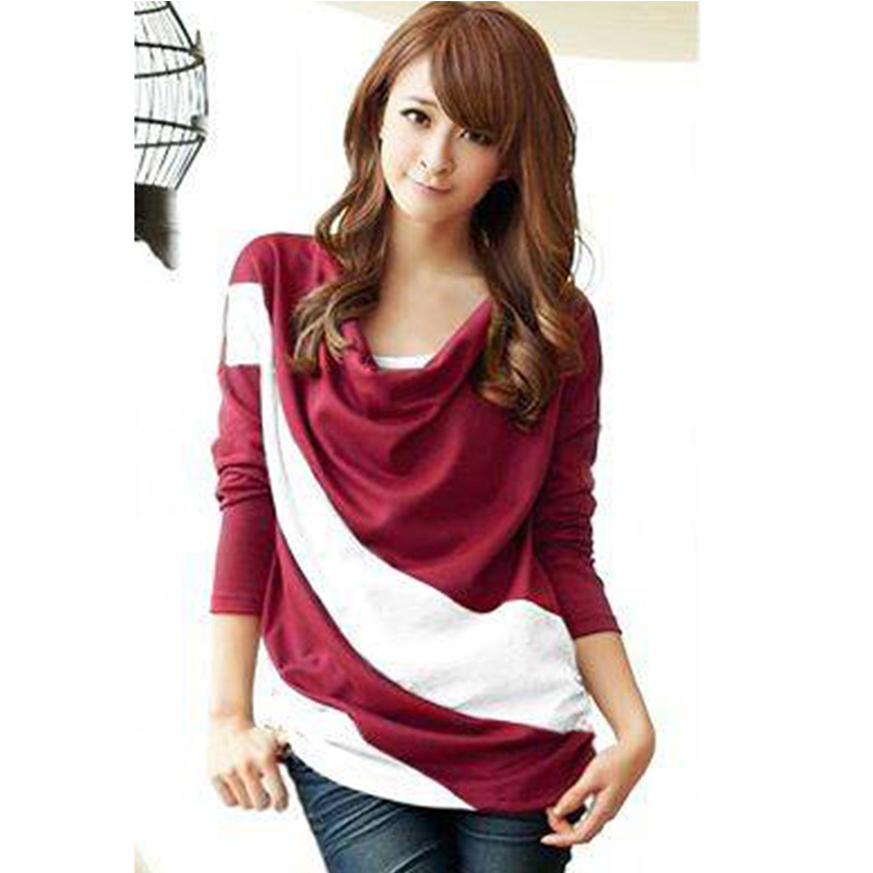 Fashion Women 2015 Clothes Spring Bat Sleeve Stitching Long Sleeves T shirts Patchwork Stripe Casual Tops