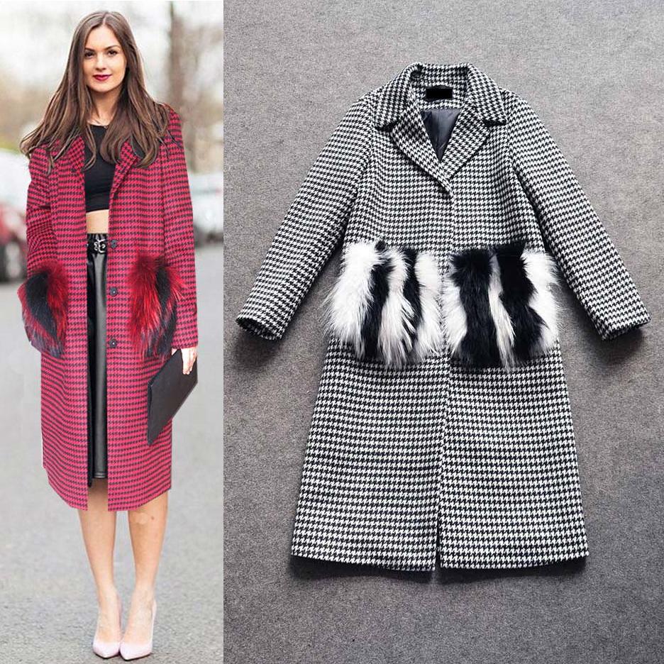 XL!European Fashion New 2015 Winter Coat Outerwear Women Grid Bird Print Fox Fur Pocket Design Warm Woolen Jacket Coat Outdoor