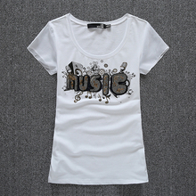New 2016 Women High Quality Trend Rhinestones Plus Size Short-Sleeve T-Shirt Female 100% Cotton Beading Top White Bluet shirt