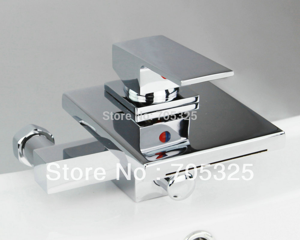 Soild Brass Square New Waterfall Wall Mount Chrome Brass Bathroom Sink Single Handle Mixer Tap Faucet JN-0205