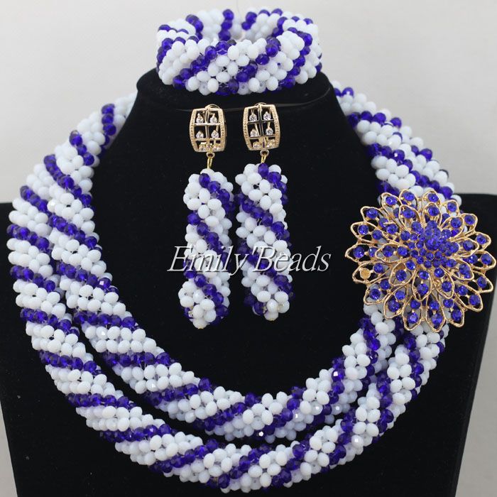 Amazing! Royal Blue Mixed White Costume Nigerian Wedding African Beads Jewelry Set Crystal Necklaces Set Free Shipping AIJ177