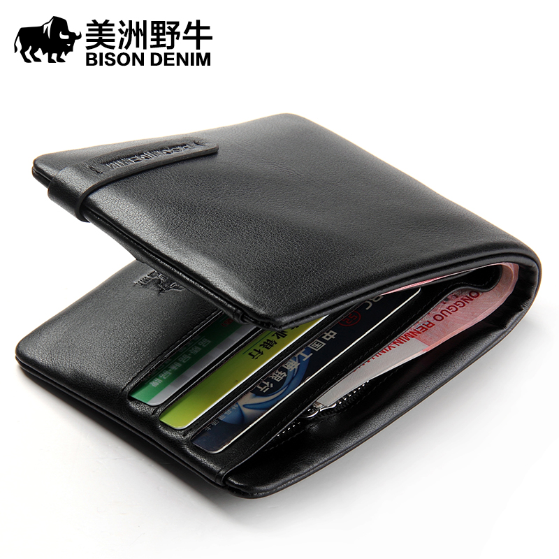 Buffalo Leather Wallet Korean men short head layer cowhide zipper wallet wallet multi card business