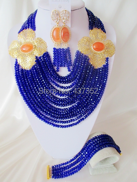 Luxury 15layers Flower Royal Blue African Nigerian Wedding Beads Jewelry Set Bridal Jewelry Sets Free Shipping CPS-3159