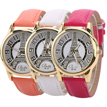 Men s Women s Vogue Vintage Faux Leather Quartz Analog Eiffel Tower Wrist Watch 
