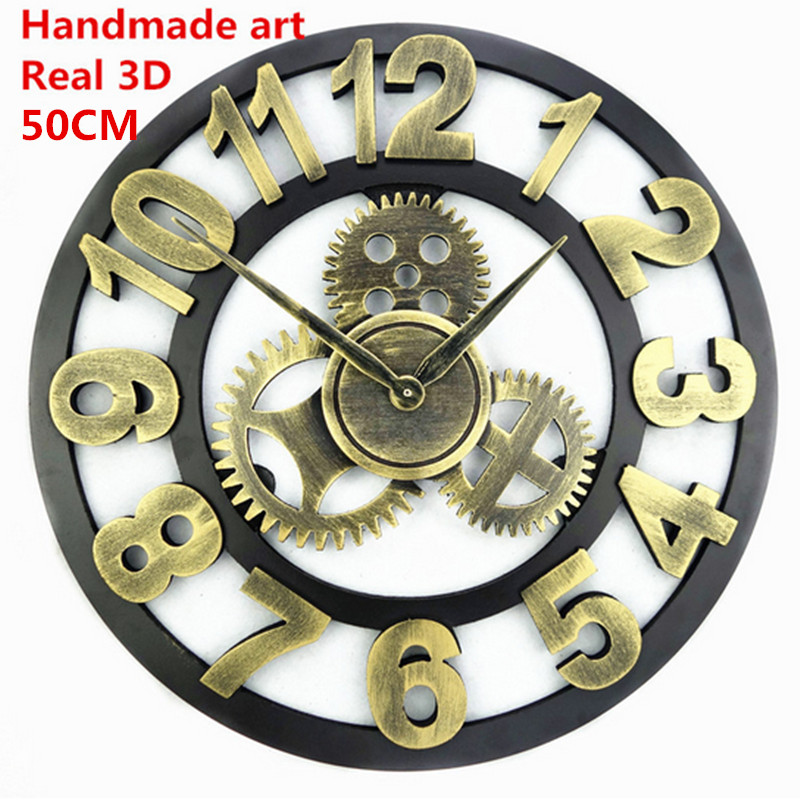 2016 New Handmade 3D decorative large retro rustic art vintage big wall clock 50*50cm Free Shipping