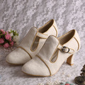 Wedopus MW189 Customized Chunky Heel Wedding Shoes T strap Off White Lace in Winter