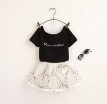 Girls Clothing Sets New Summer Fashion Style Letter Printed T-Shirts+Mesh Mini Skirt 2Pcs Girls Clothes Sets