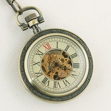 Free Shipping Leather Back Mechanical Skeleton Dial Men Pocket Watch Hand-winding NV0123 Pow