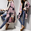 Korean 2016 Woolen Coat Women Turn Down Collar Abstract Print Loose Wool Coat Casual long Outerwear