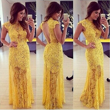 Elegant Yellow Lace Evening Dresses with Cap Sleeves A Line Appliqued Hollow Back Formal Dress vestidos de festa vestido longo